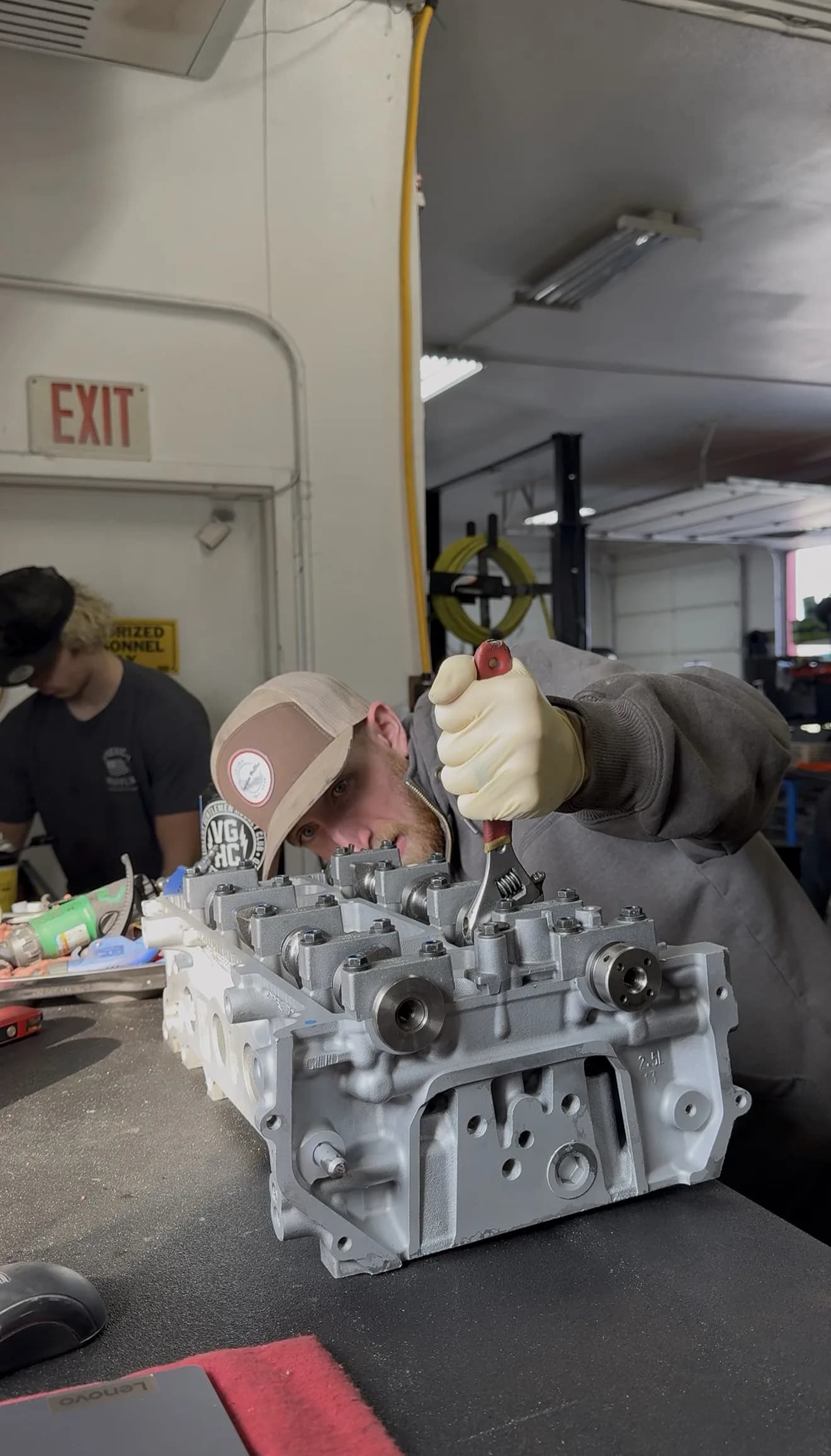 engine rebuilding cylinder head repair on workbench