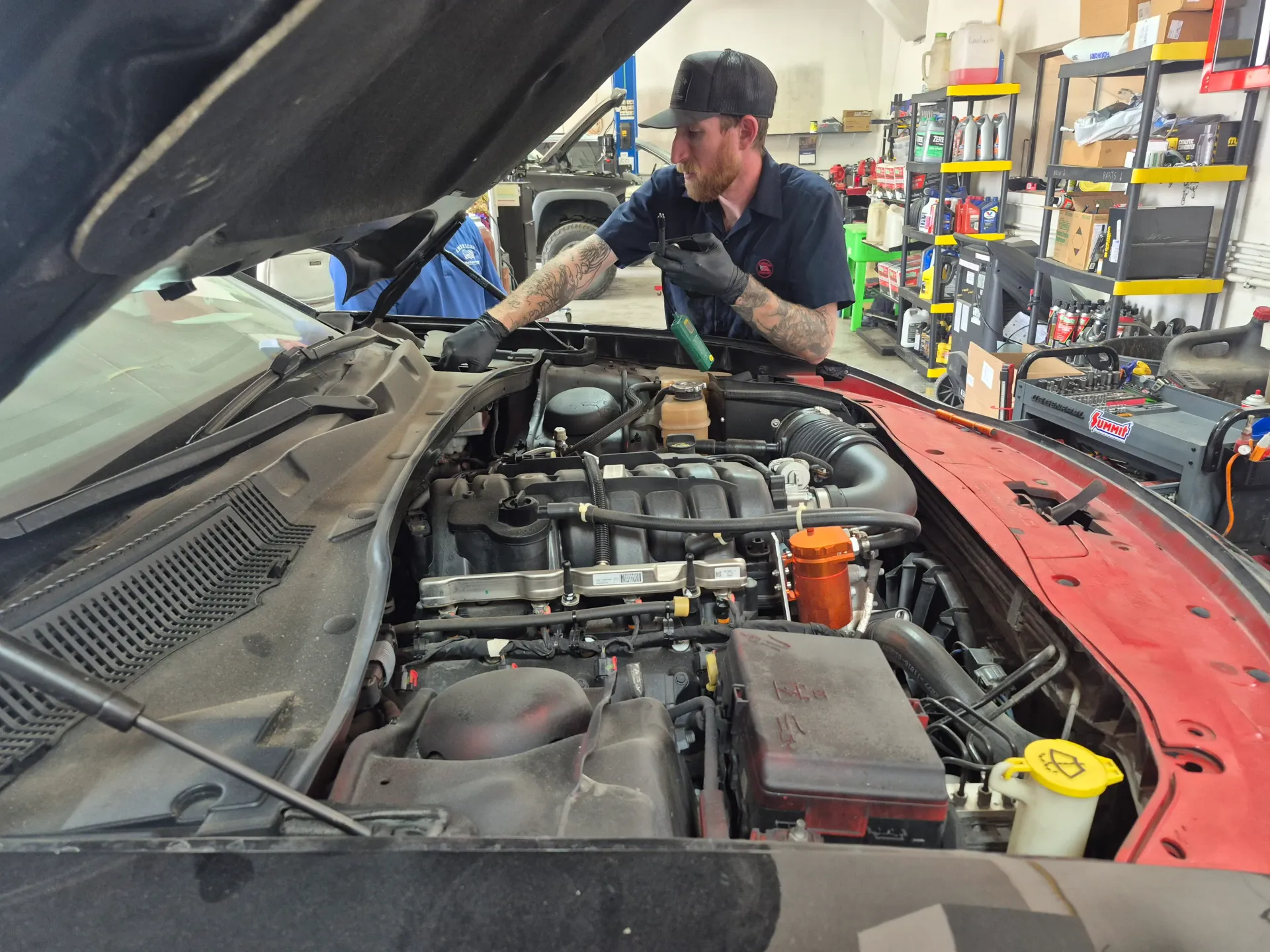side view engine diagnostics in auto repair bay